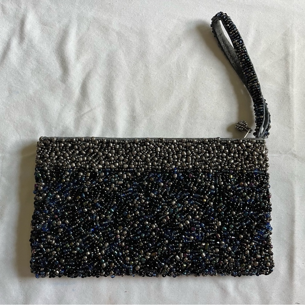 VTG Ykk Blue Gray Heavy Beaded Elegant Clutch Purse Wristlet Zipper Closure GUC - Picture 3 of 9